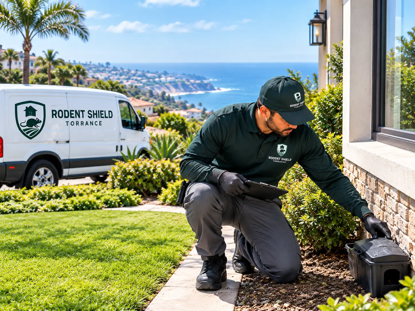 Rodent control technician inspecting a Lawndale home for rodent entry points